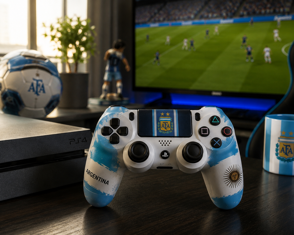 دسته بازی PS4 طرح آرژانتین در فضای واقعی گیمینگ با حالوهوای فوتبالی.